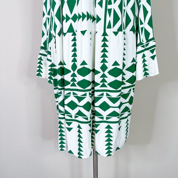 Anna Kay | Geometric White Green Bell Sleeve Flowy Short Designer Summer Dress L - Picture 8 of 12